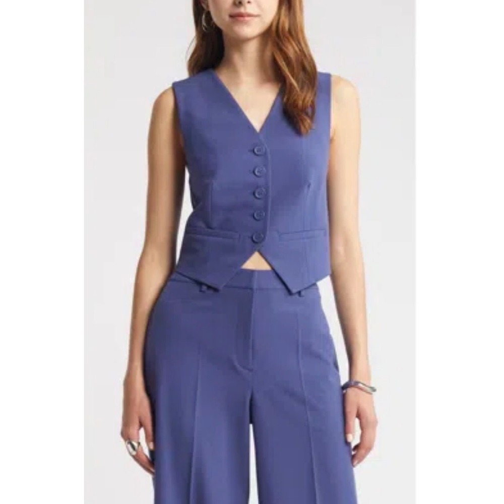 Open Edit Tailored Vest Women Blue Cobalt V Neck‎ Button Front Sleeveless Large
